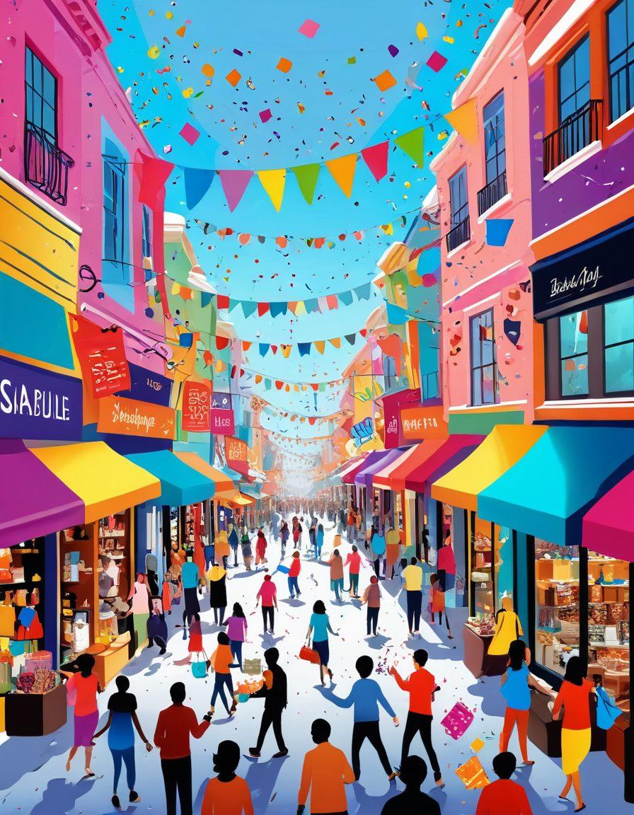 A vibrant shopping scene filled with happy shoppers exploring a colorful marketplace, surrounded by eye-catching displays of discounts and unique products. Include playful elements such as confetti in the air, cheerful shopkeepers engaging with customers, and bright, enticing signage highlighting 'Exceptional Deals'. The atmosphere should radiate joy and excitement. vibrant colors. cheerful cartoon style.