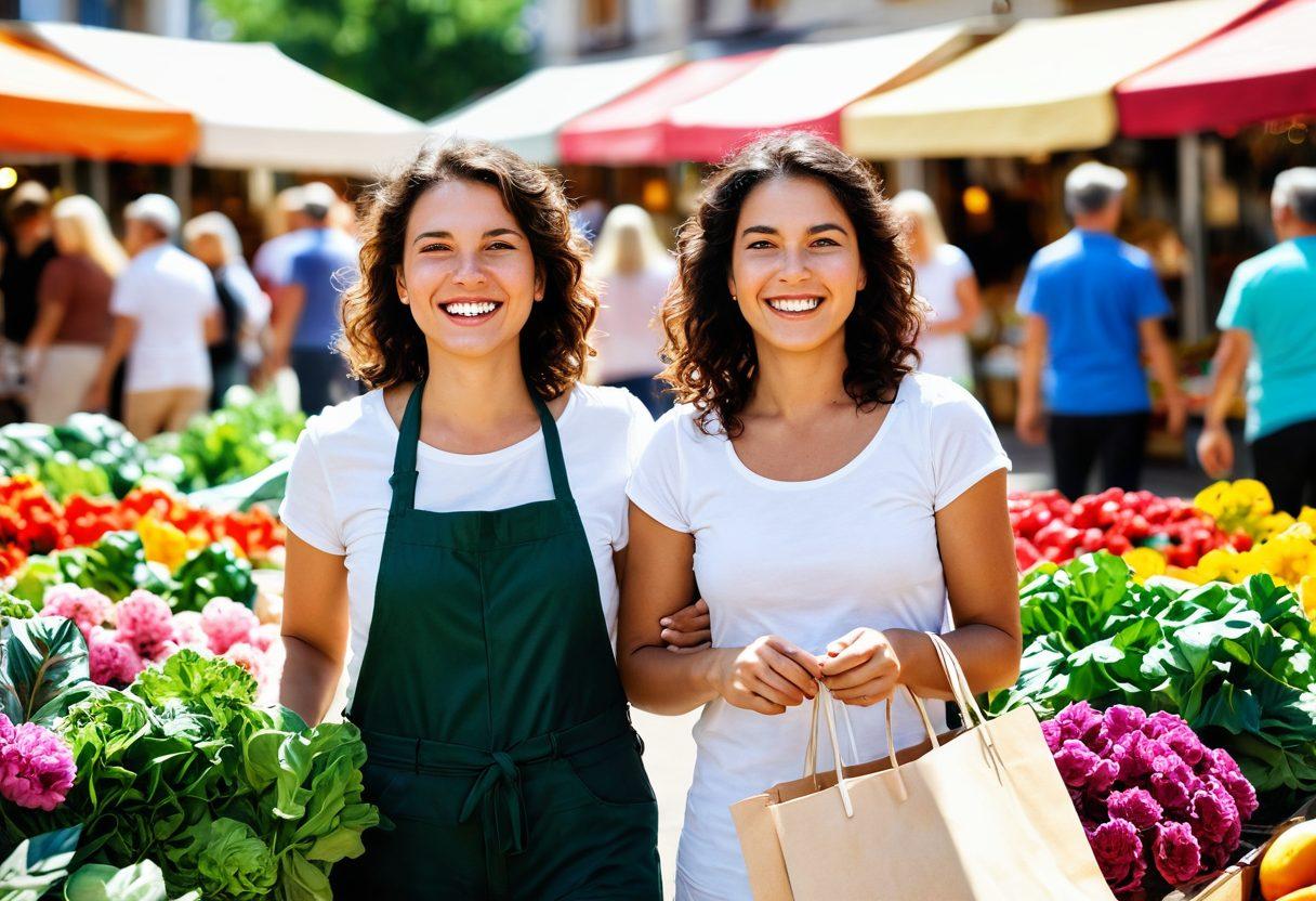 A joyful person standing in a vibrant marketplace, surrounded by colorful stalls brimming with fresh produce, handmade goods, and vibrant flowers. The sun shines brightly, illuminating their beaming smile as they hold a few shopping bags filled with delightful items. In the background, groups of people engage in laughter and conversation, enhancing the sense of community and happiness. The overall atmosphere radiates warmth and fulfillment. super-realistic. vibrant colors. white background.