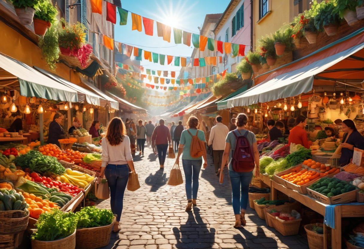 A vibrant local marketplace bustling with joyful shoppers, colorful stalls overflowing with fresh produce and handmade goods, sunlight streaming down creating a warm atmosphere, cheerful expressions on people’s faces, and festive decorations hanging overhead. super-realistic. vibrant colors. bright background.
